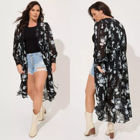 Torrid 1 Black Floral Chiffon Tie Front Maxi Kimono 1X 14 16 - Picture 1 of 12